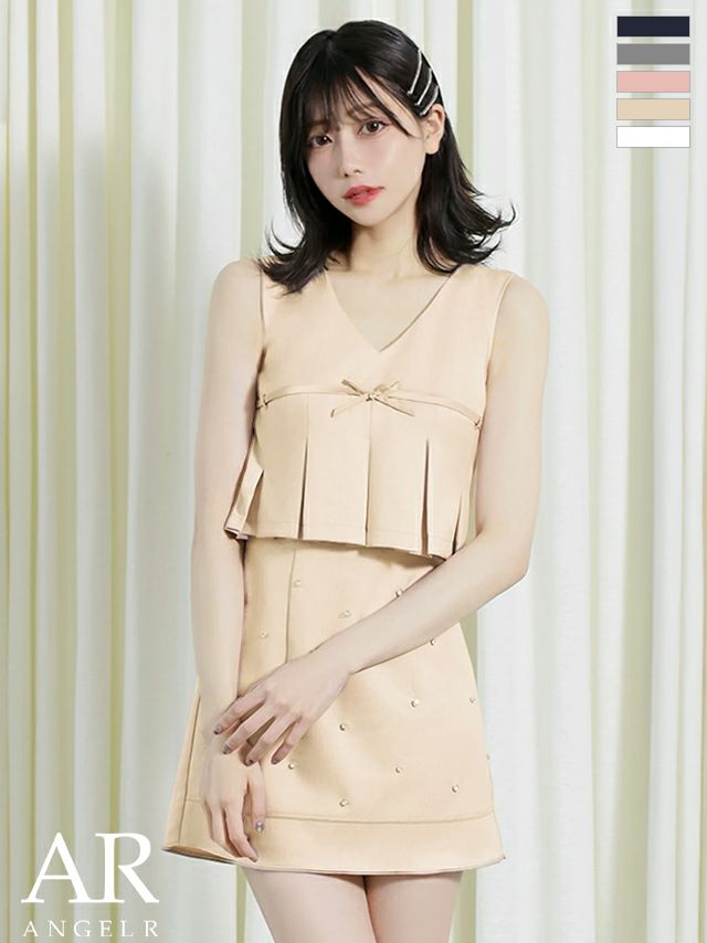 キャバドレス Angel R エンジェルアール ノースリーブ パール ビジュー リボン プリーツ フレアミニドレス