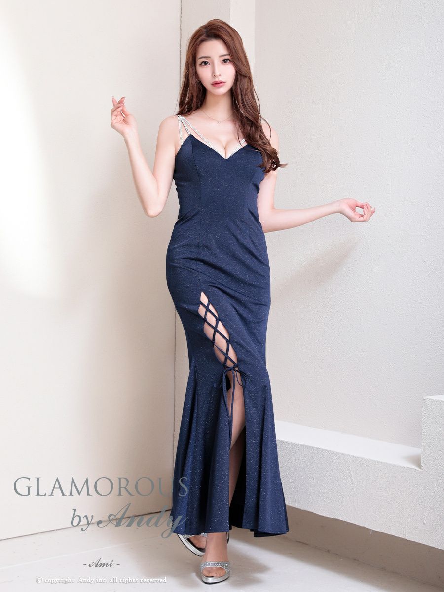 キャバドレス タイトロングドレス GLAMOROUS グラマラス スリット ラインストーン キャミソール レースアップ リボン ラメ