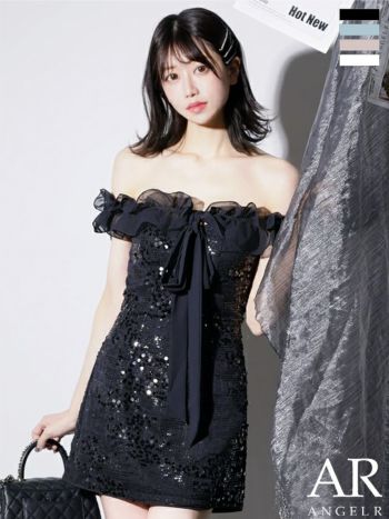 キャバドレス Angel R エンジェルアール ガーリー オープンバスト オフショルダー 2way 肩あき リボン ショルダーチェーン付き スパンコール フリル フレアミニドレス