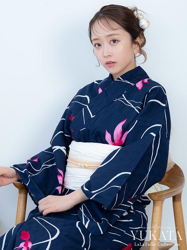 浴衣 紺地 金魚柄 流水紋 古典 レトロ ゆかた3点SET