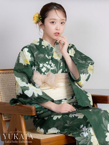 浴衣 レトロ グリーン地 アンティーク調 牡丹柄 クリーム色 ゆかた3点SET