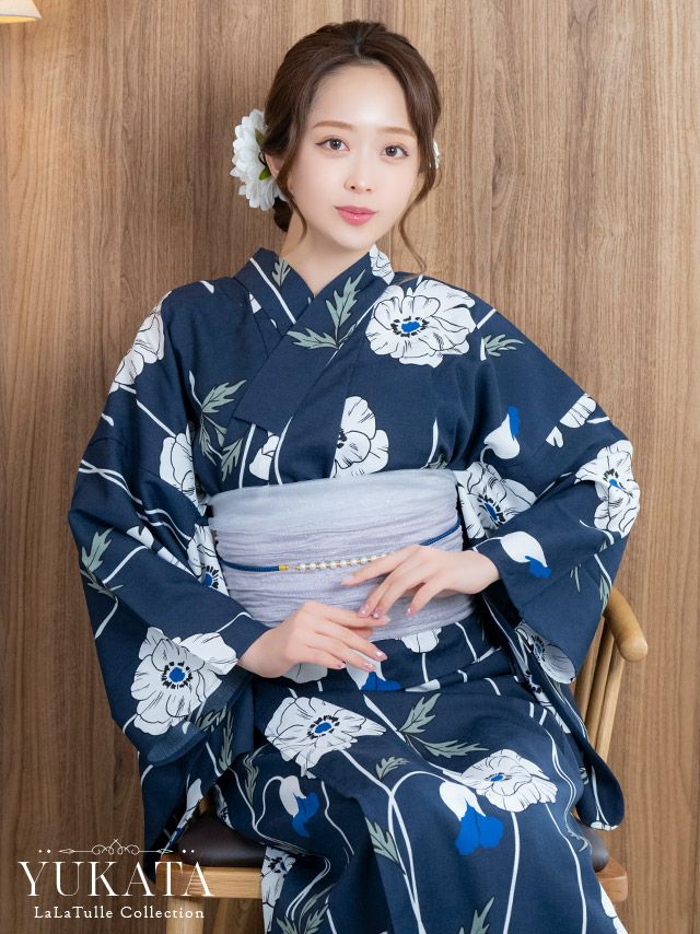 ワンピース浴衣 2way 線画ポピー フラワー レトロ 3点SET