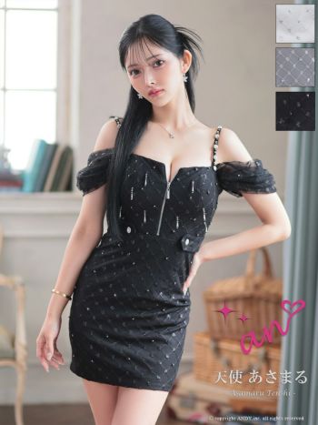 キャバドレス an アン 肩あき キャミソール ビジューチュールスリーブ フロントジップ タイトミニドレス