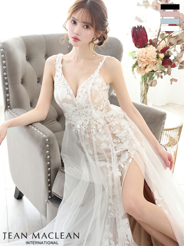 キャバドレス JEANMACLEAN ジャンマクレーン エレガント オープンバスト ノースリーブ フラワー刺繍 レース シアー スリット Aラインロングドレス