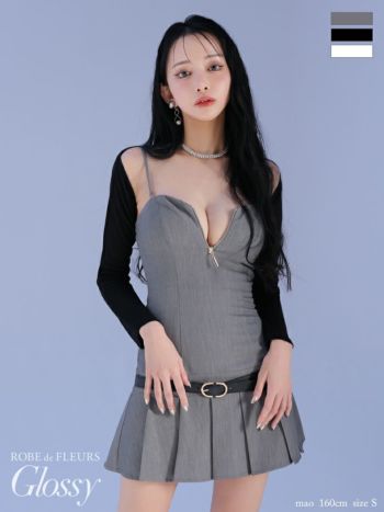 キャバドレス Glossy ROBE de FLEURS グロッシー ローブドフルール キャミソール 長袖 ボレロ付き ベルトデザイン ジップデザイン プリーツスカート シンプル フレアミニドレス