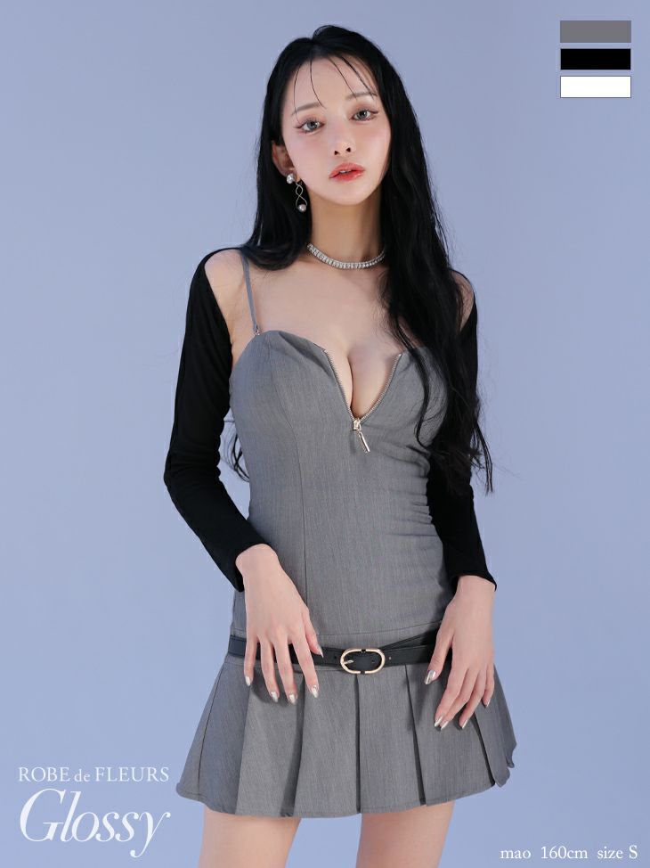キャバドレス Glossy ROBE de FLEURS グロッシー ローブドフルール キャミソール 長袖 ボレロ付き ベルトデザイン ジップデザイン プリーツスカート シンプル フレアミニドレス