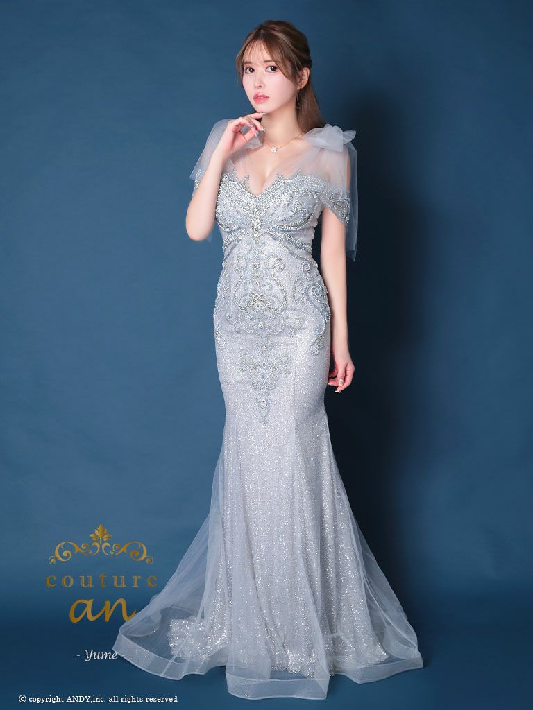 キャバドレス couture an クチュール アン ショルダーリボン 肩あき ラメ ビジュー パール バースデー レースアップ マーメイドロングドレス