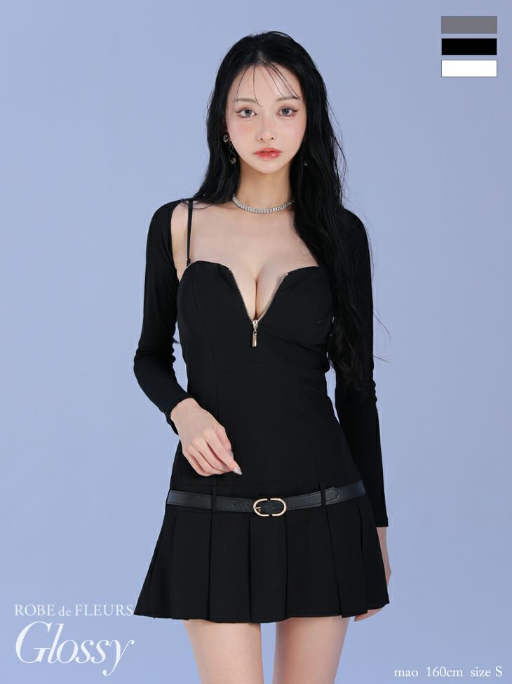 キャバドレス Glossy ROBE de FLEURS グロッシー ローブドフルール ベルトデザイン ジップデザイン キャミソール 長袖 ボレロ付き プリーツスカート シンプル フレアミニドレス 