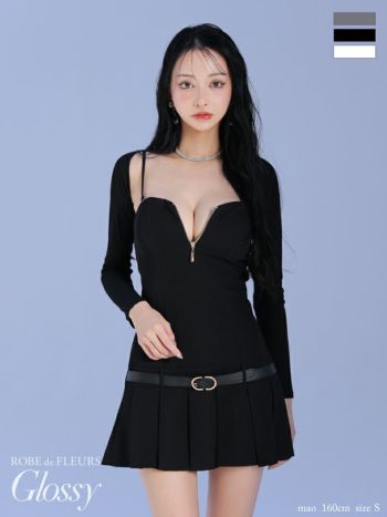 キャバドレス Glossy ROBE de FLEURS グロッシー ローブドフルール ベルトデザイン ジップデザイン キャミソール 長袖 ボレロ付き プリーツスカート シンプル フレアミニドレス 