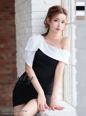 キャバドレス Andy アンディ リボン ワンショルダー バイカラー ビジュー タイトミニドレス