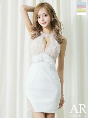 キャバドレス Angel R エンジェルアール くびれ透け フラワー レース フリル ビジュー フェミニン バストカット ホルターネック タイトミニドレス