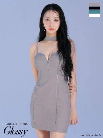 キャバドレス Glossy ROBE de FLEURS グロッシー ローブドフルール キャミソール ジップデザイン ボウタイチョーカー付き シンプル タイトミニドレス 