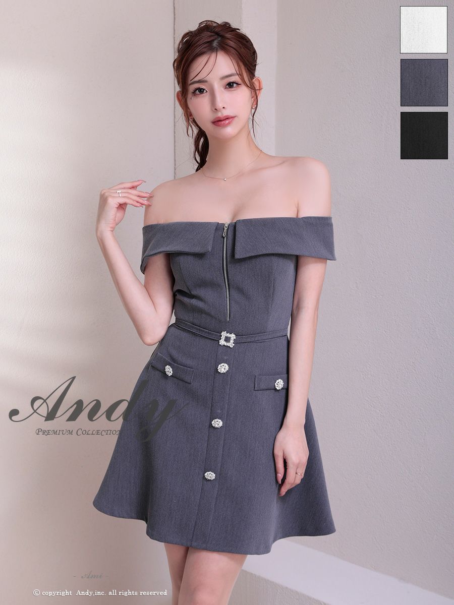 キャバドレス Andy アンディ オフショル ジップデザイン ベルトデザイン 飾りボタン スクエアネック ビジューボタン フレアミニドレス