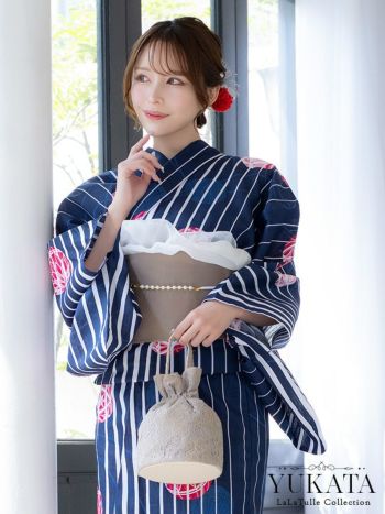 浴衣 紺地 縦縞 手毬柄 ゆかた3点SET