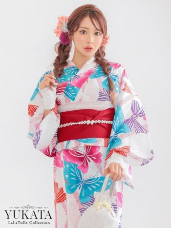 白地 レトロ カラフル 蝶柄 個性的 ゆかた2点SET