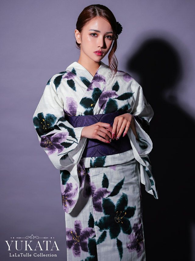 浴衣 白地 水彩 百合柄 ゆかた3点SET