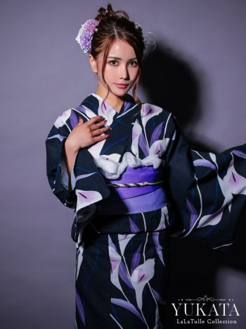 浴衣 濃紺 菖蒲の花 パープル ゆかた3点SET