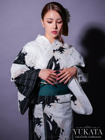 浴衣 モノトーン 牡丹柄 個性的 ゆかた3点SET