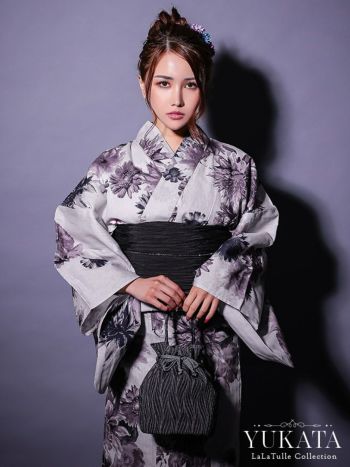 浴衣 グレー地 粋 ヴィンテージ フラワー ゆかた3点SET