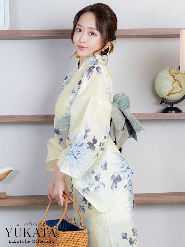 浴衣 クリーム地 ブルー 水彩 菊 レトロ ゆかた3点SET