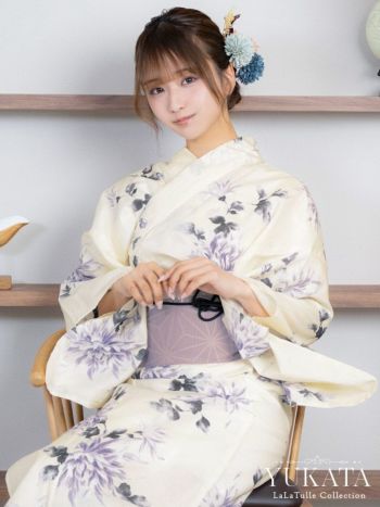 浴衣 クリーム地 紫 水彩 菊 レトロ ゆかた3点SET