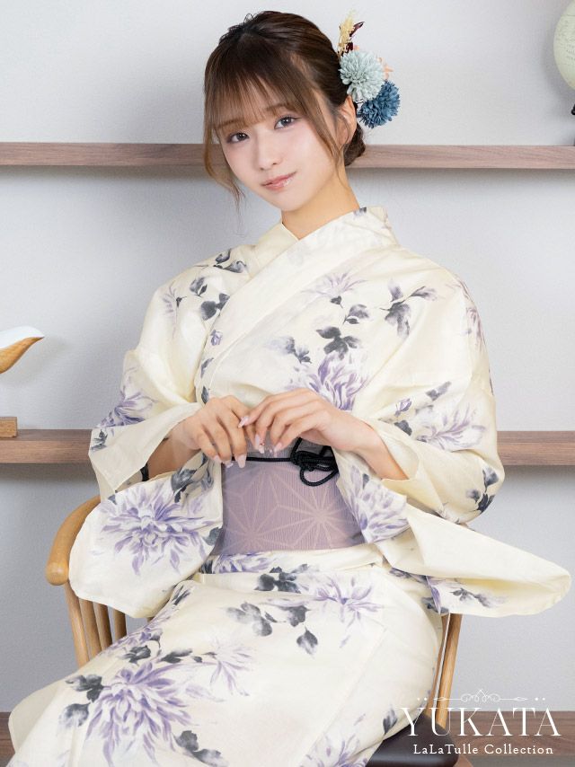 浴衣 クリーム地 紫 水彩 菊 レトロ ゆかた3点SET