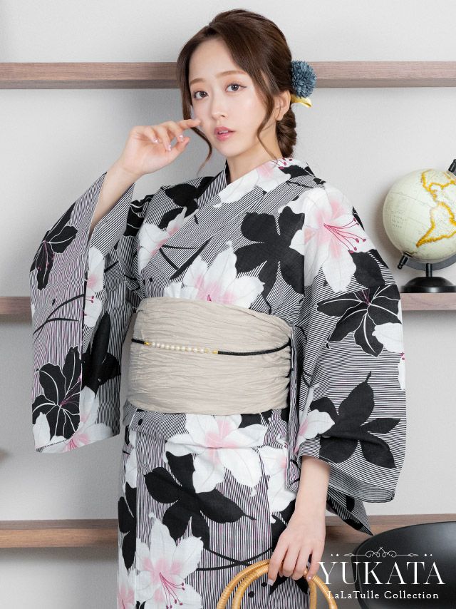 浴衣 黒地 ストライプ 百合 レトロ ゆかた2点SET
