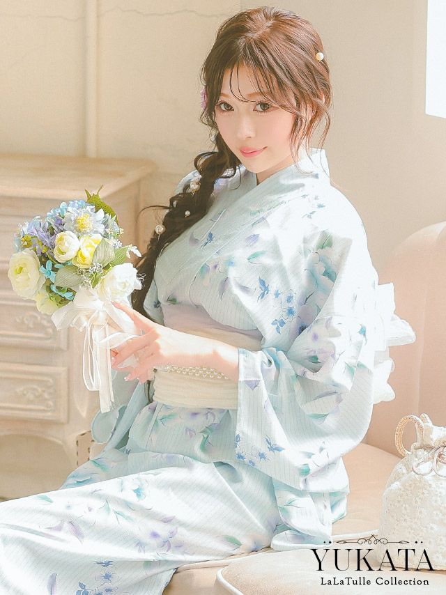 浴衣 パステルブルー ニュアンス フラワー SWEET ゆかた3点SET