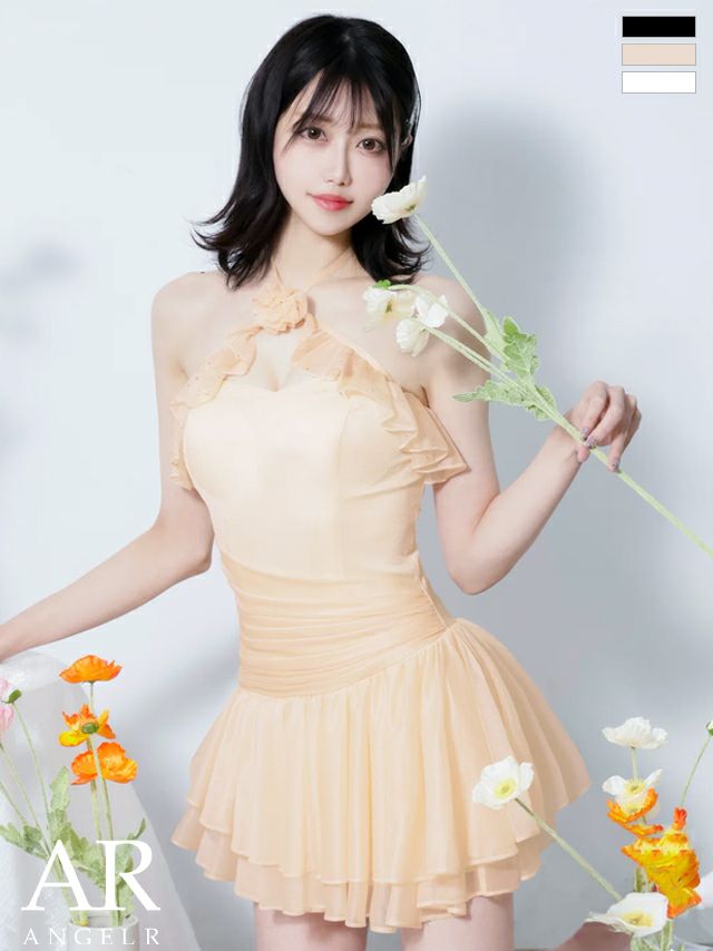 キャバドレス Angel R エンジェルアール フェミニン オープンバスト ホルターネック フリル フラワー ウエストタック フレアミニドレス