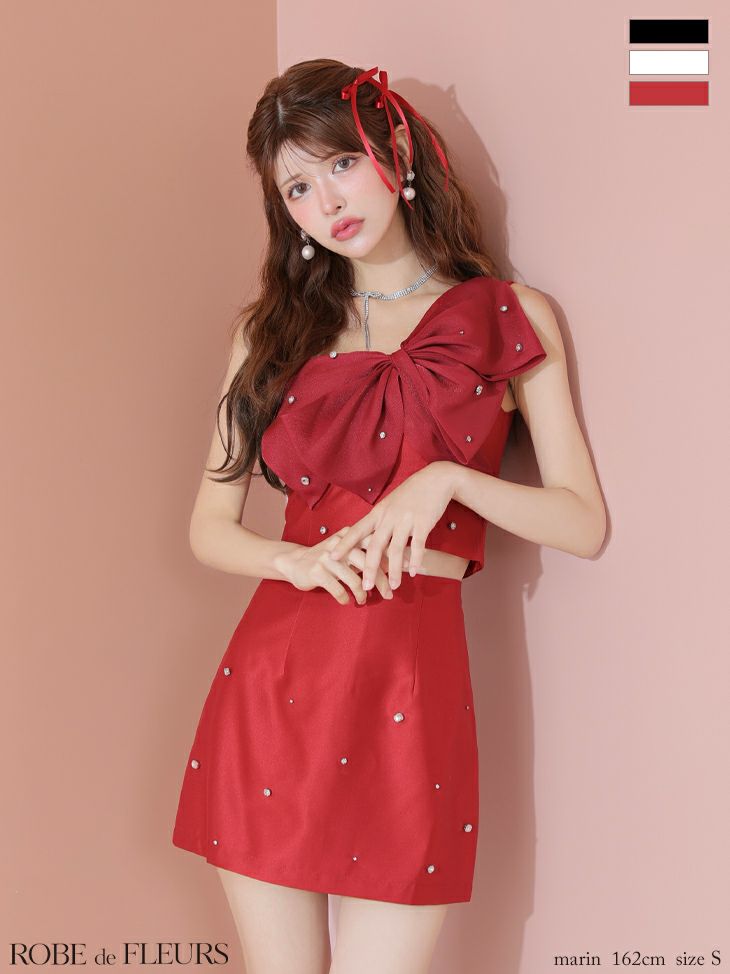 キャバドレス ROBEdeFLEURS ローブドフルール ワンショルダー オーガンジー ビッグリボン セットアップ ガーリー タイトミニドレス