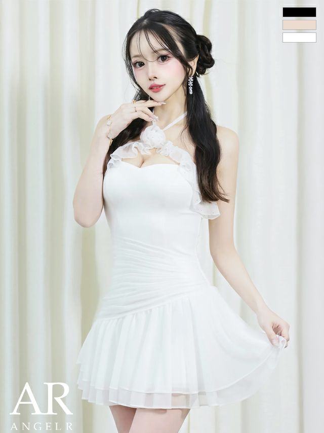キャバドレス Angel R エンジェルアール ホルターネック フリル フラワー ウエストタック フェミニン オープンバスト フレアミニドレス