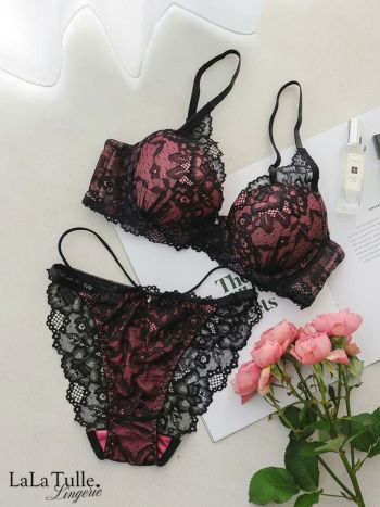 勝負下着 ブラック フラワー レース ビジュー カップ ブラジャー＆ショーツ 2点セット