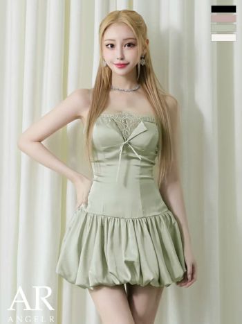 キャバドレス Angel R エンジェルアール ベアトップ バストレース リボン バルーンスカート フェミニン フレアミニドレス