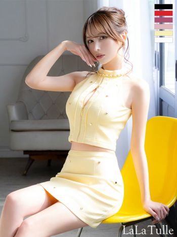 キャバドレス ROBEdeFLEURS ローブドフルール セットアップ ジップデザイン チェーン ガーリー ハートスタッズ ホルターネック タイトミニドレス