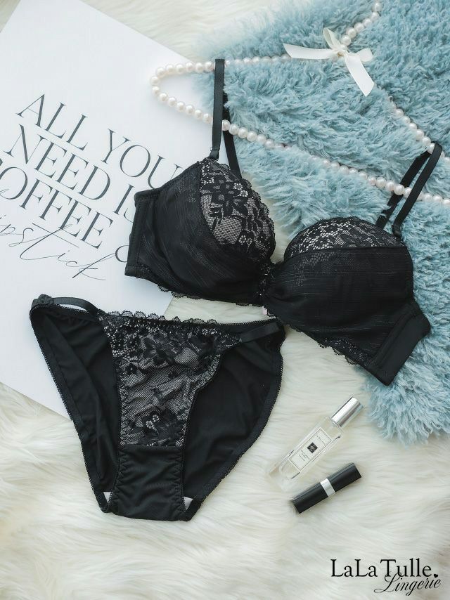 勝負下着 シンプル ブラック レース チュール カップ ブラジャー＆ショーツ 2点セット