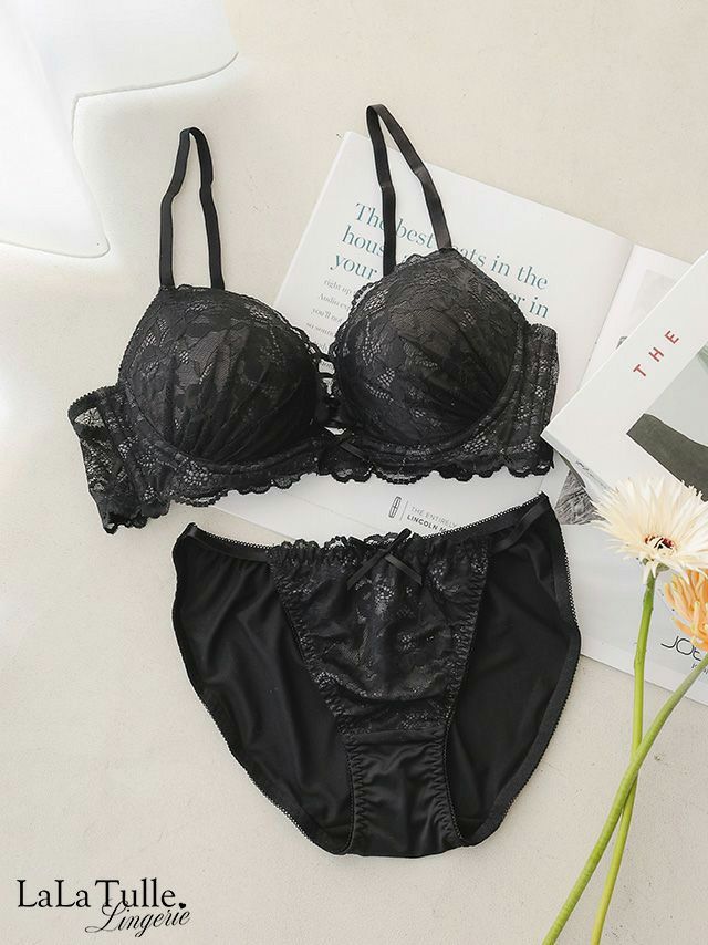 勝負下着 レースアップ ブラック 総レース カップ ブラジャー＆ショーツ 2点セット