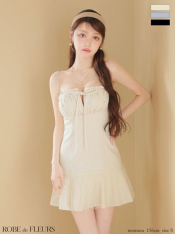 キャバドレス ROBEdeFLEURS ローブドフルール キャミソール 胸元ギャザー バストカット リボン ビジュー フレアミニドレス