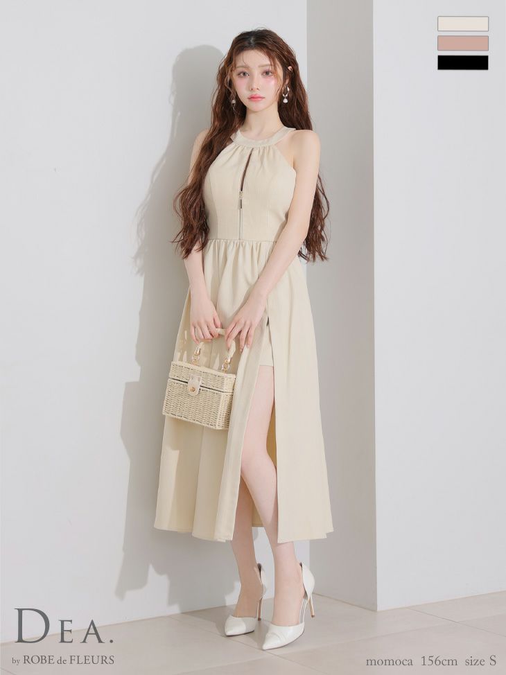 キャバドレス DEA. ROBE de FLEURS. ディア ローブドフルール ホルターネック ジップデザイン スリット バックリボン フレアロングドレス 