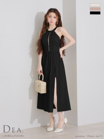 キャバドレス DEA. ROBE de FLEURS. ディア ローブドフルール バックリボン ジップデザイン ホルターネック スリット フレアロングドレス 