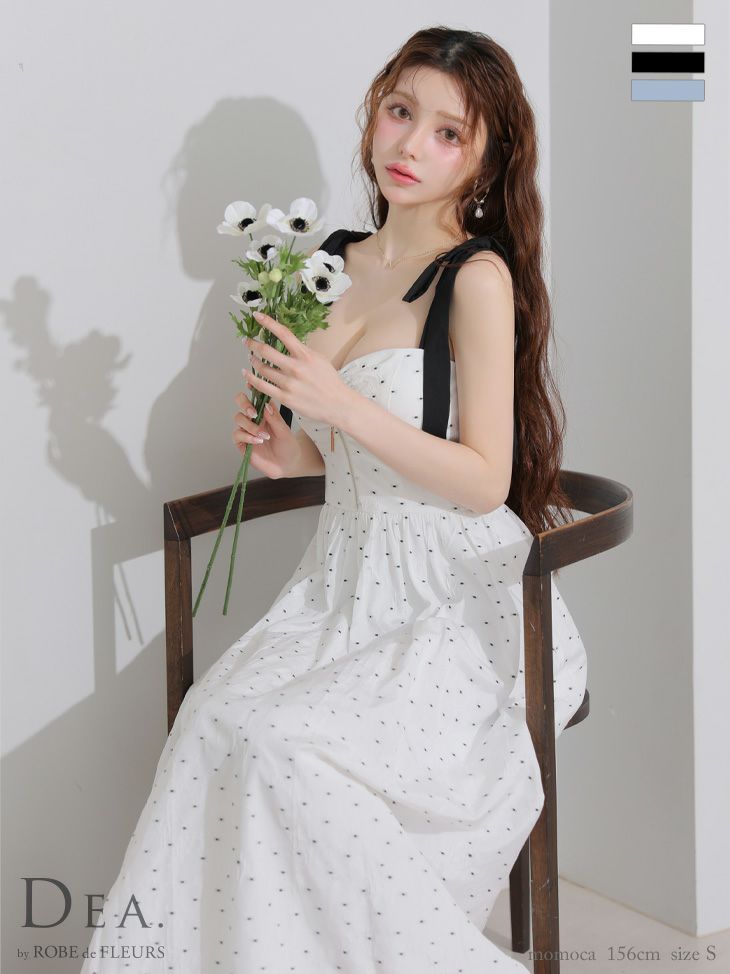 キャバドレス DEA. ROBE de FLEURS ディア ローブドフルール ショルダーリボン ジップデザイン ノースリーブ　ドット柄 ガーリー フレアロングドレス