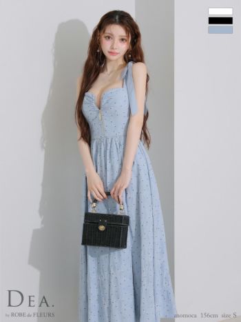 キャバドレス DEA. ROBE de FLEURS　ディア ローブドフルール ノースリーブ ジップデザイン ドット柄 ショルダーリボン ガーリー フレアロングドレス 