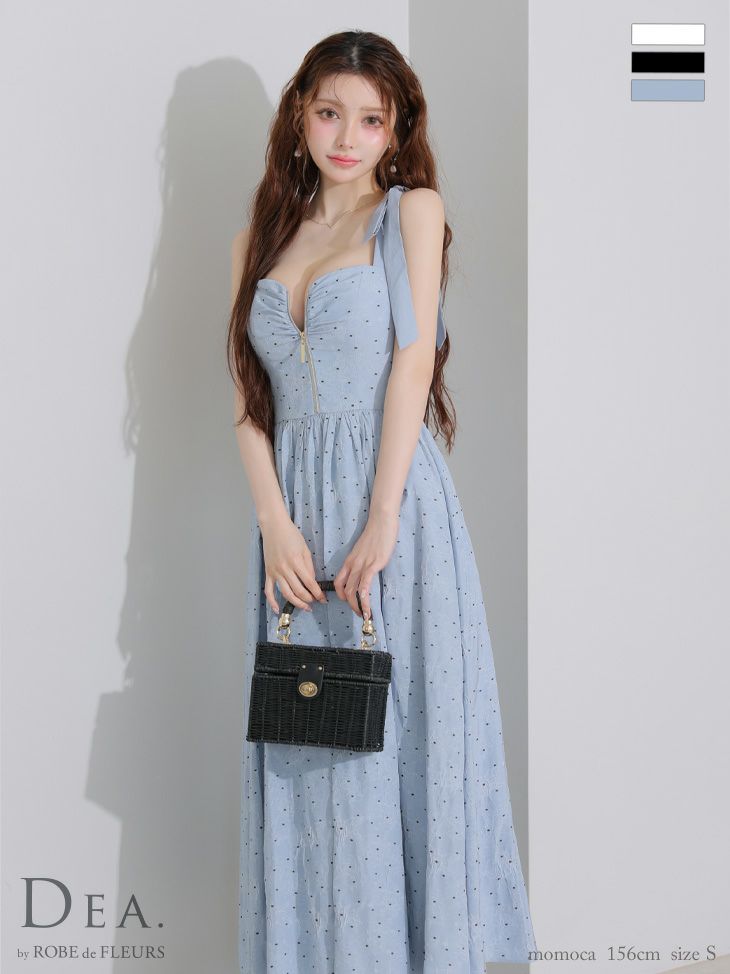 キャバドレス DEA. ROBE de FLEURS　ディア ローブドフルール ノースリーブ ジップデザイン ドット柄 ショルダーリボン ガーリー フレアロングドレス 