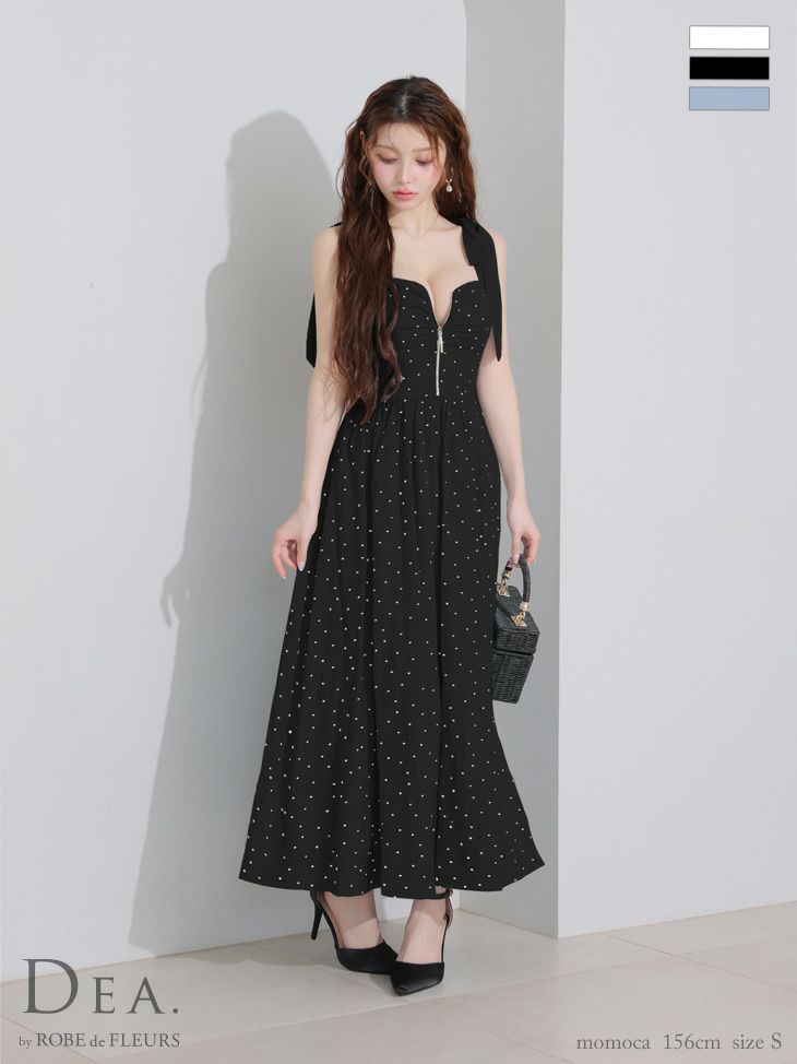 キャバドレス DEA. ROBE de FLEURS. ディア ローブドフルール ドット柄 ショルダーリボン ノースリーブ ジップデザイン ガーリー フレアロングドレス