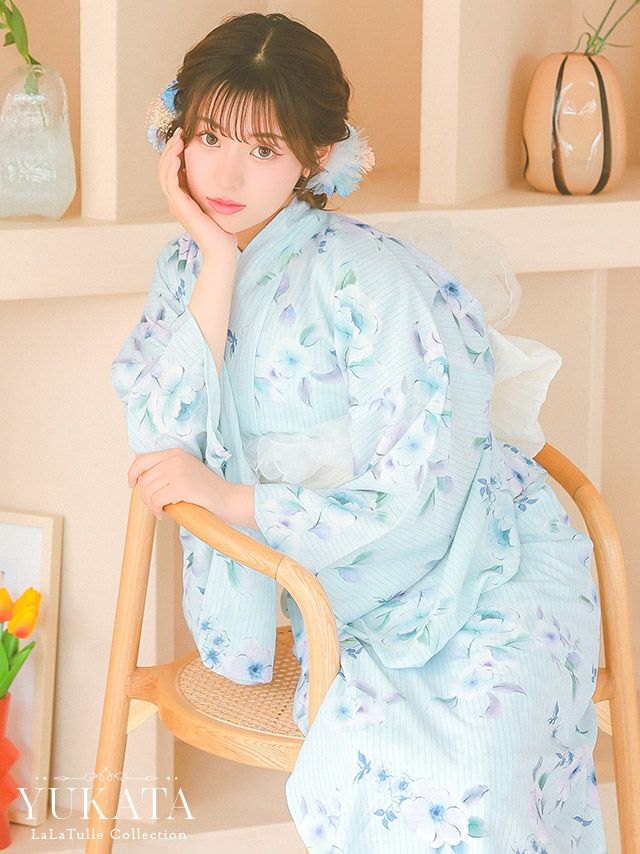 ワンピース浴衣 パステルブルー ニュアンス 花柄 ガーリー ゆかた3点SET