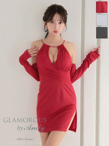 キャバドレス GLAMOROUS グラマラス 長袖 肩あき ホルターネック チェーン ラメ カットデザイン タイトミニドレス