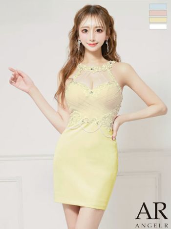 キャバドレス Angel R エンジェルアール メッシュ パール フラワーレース ホルターネック ビジュー タイトミニドレス