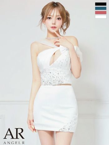 キャバドレス Angel R エンジェルアール ワンショルダー バストカット リボン メッシュ ビジュー セットアップ フェミニン タイトミニドレス