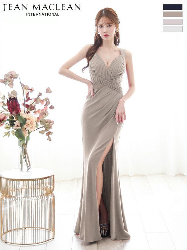 キャバドレス JEANMACLEAN ジャンマクレーン エレガント ノースリーブ オープンバスト ワンカラー シンプル スリット タイトロングドレス