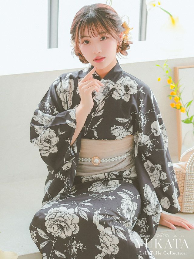 ワンピース浴衣 黒地 モノトーン フラワー ガーリー ゆかた3点SET