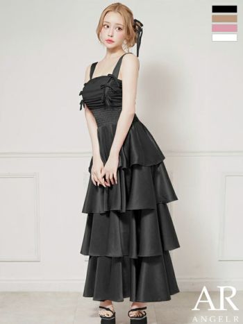キャバドレス Angel R エンジェルアール シャーリング フリル ノースリーブ リボン ティアード フレアロングドレス